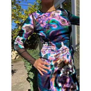 Body Con Multicolored Dress | Long Sleeved Evening Dress | Fitted Women Dress